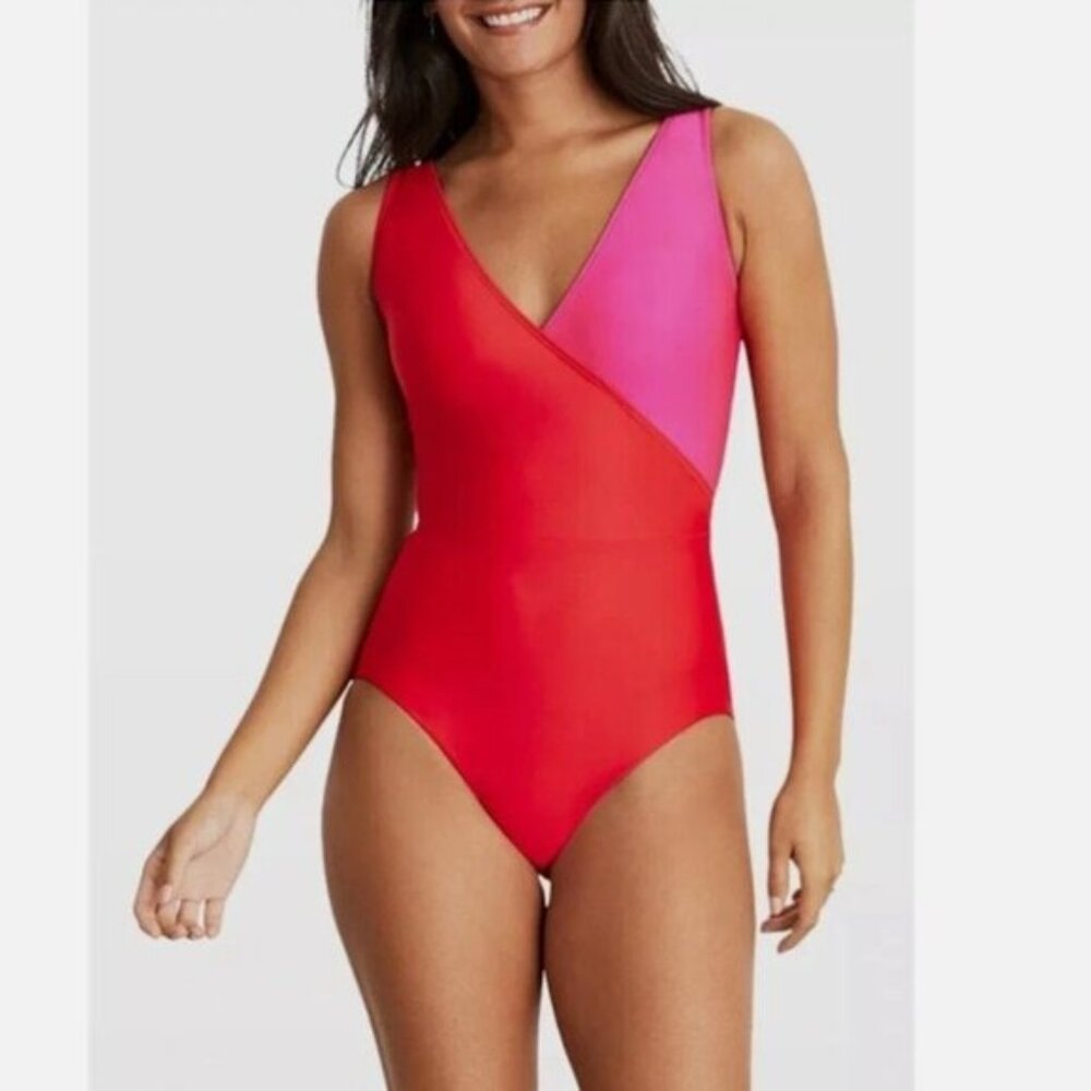 Hermoza Red and Pink Colorblock One-Piece Swimsuit